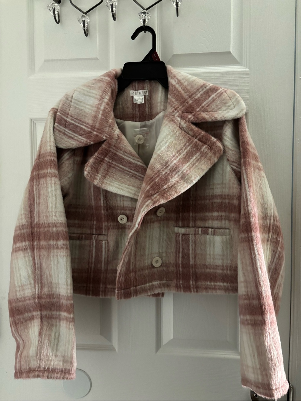 VENUS Pink and Cream Plaid Double-Breasted Cropped Pea Coat